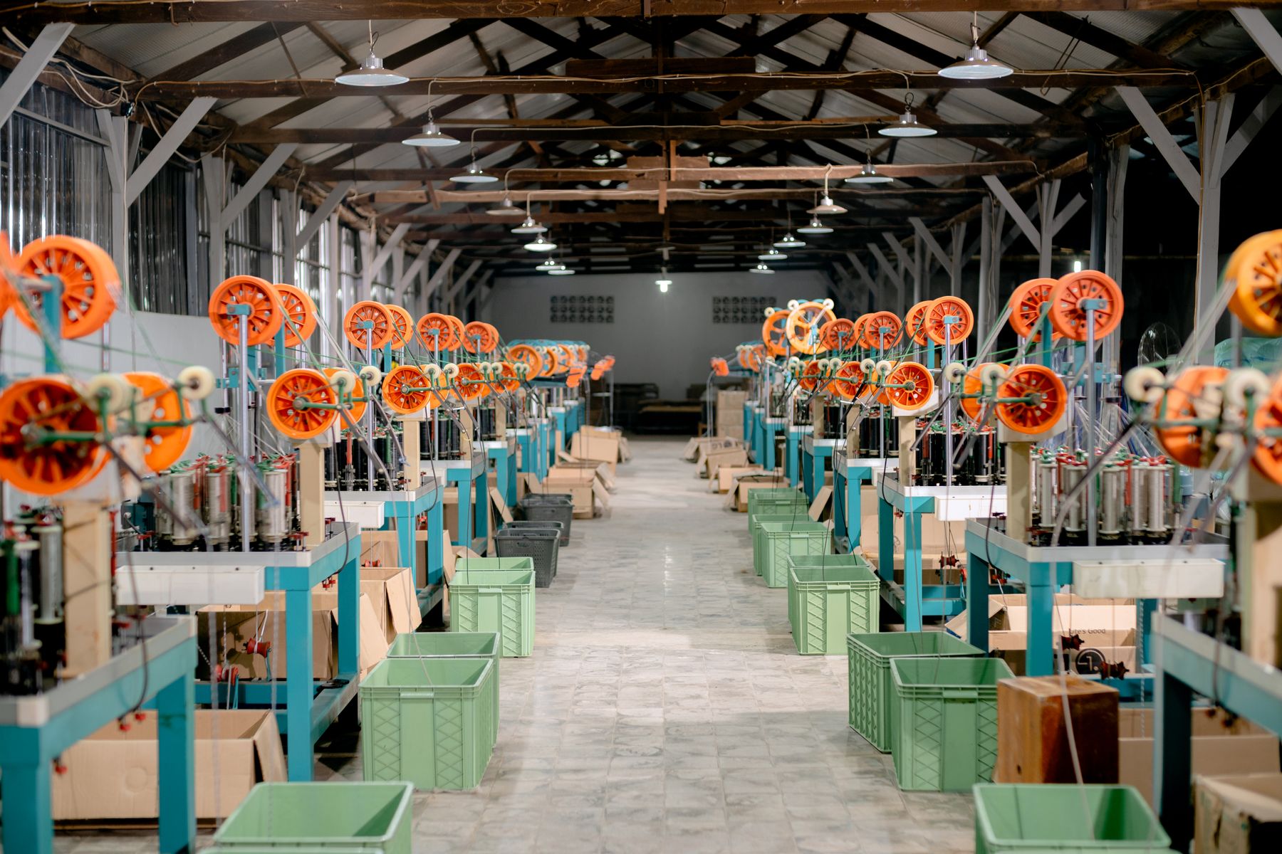 Wide view of a textile factory production hall